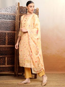 VISHUDH - Women Mustard Floral Kurta with Pant & Dupatta (Set of 3)