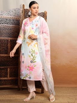 VISHUDH - Women Pink Floral Kurta with Pant & Dupatta (Set of 3)