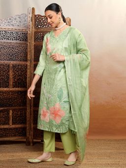 VISHUDH - Women Green Floral Kurta with Pant & Dupatta (Set of 3)