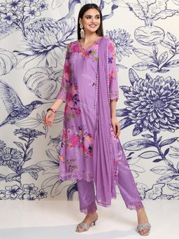 VISHUDH - Women Purple Floral Kurta with Pant & Dupatta (Set of 3)