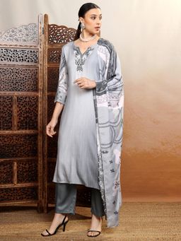 VISHUDH - Women Grey Floral Kurta with Pant & Dupatta (Set of 3)