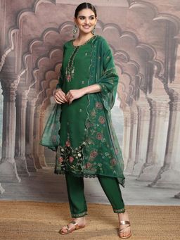 VISHUDH - Women Green Floral Kurta with Pant & Dupatta (Set of 3)