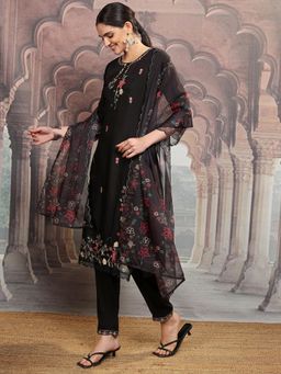 VISHUDH - Women Black Floral Kurta with Pant & Dupatta (Set of 3)