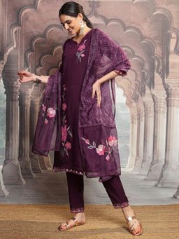 VISHUDH - Women Purple Floral Kurta with Pant & Dupatta (Set of 3)