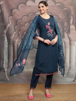 VISHUDH - Women Teal Floral Kurta with Pant & Dupatta (Set of 3)