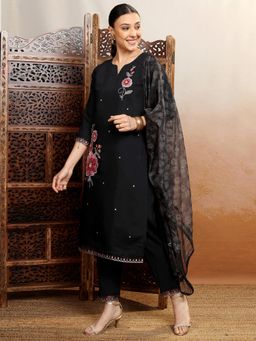 VISHUDH - Women Black Floral Kurta with Pant & Dupatta (Set of 3)