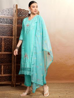 VISHUDH - Women Turquoise Floral Kurta with Pant & Dupatta (Set of 3)