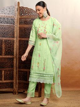 VISHUDH - Women Green Floral Kurta with Pant & Dupatta (Set of 3)