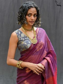 Suta - Women Grey Floral Woven Design Silk Stitched Blouse