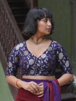 Suta - Women Navy Blue Floral Woven Design Silk Stitched Blouse