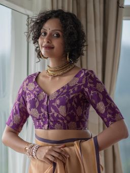 Suta - Women Purple Floral Woven Design Silk Stitched Blouse