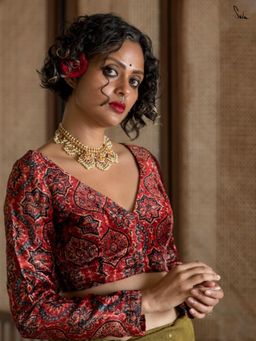 Suta - Women Red Floral Ethnic Motifs Printed Velvet Stitched Blouse