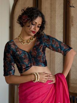 Suta - Women Navy Blue Floral Printed Velvet Stitched Blouse