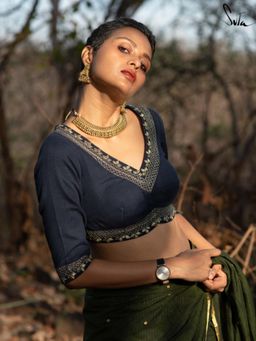 Suta - Women Navy Blue Embroidered V-Neck Stitched Blouse