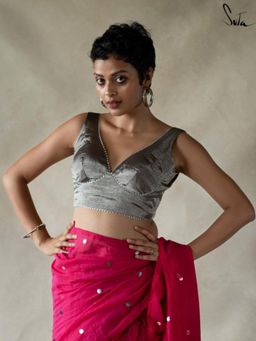 Suta - Women Grey V-Neck Sleeveless Stitched Blouse