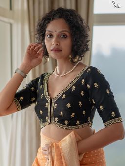 Suta - Women Black Art Silk Floral Embroidered Stitched Blouse