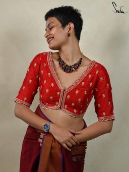 Suta - Women Red Art Silk Floral Embroidered Stitched Blouse