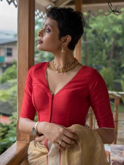Suta - Women Red Solid V-Neck
                  Stitched Blouse - 2