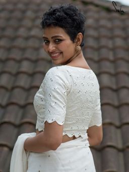 Suta - Women White Embroidered Mirror Work Stitched Blouse