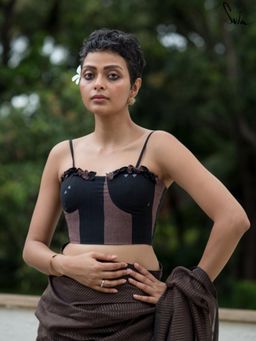 Suta - Women Brown Black Colorblock Woven Cotton Stitched Blouse