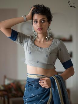 Suta - Women Grey and Blue Handloom Cotton Stitched Blouse