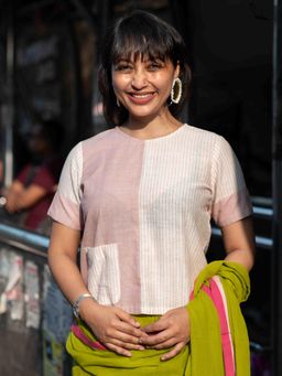 Suta - Women Pink Striped Printed Stitched Blouse