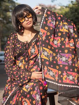 Suta - Women Black Floral Printed Long Sleeve Stitched Blouse