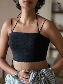 Suta - Women Black Cotton Halter-Neck Black Cotton Stitched Blouse