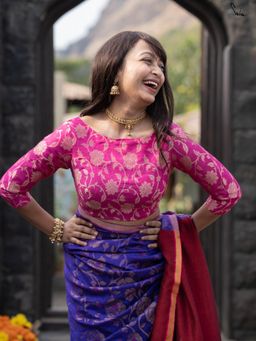 Suta - Women Pink Floral Woven Design Boat Neck Stitched Blouse