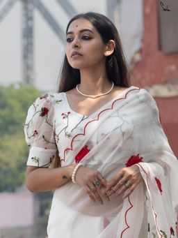 Suta - Women White Cotton Floral Embroidered Stitched Blouse