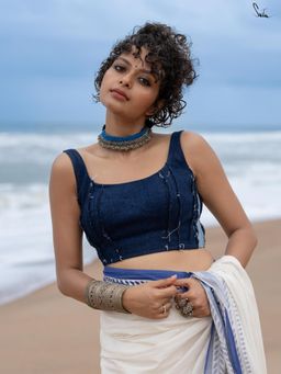 Suta - Women Navy Blue Denim Stitched Blouse