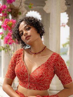 Suta - Women Red Floral Embroidered Cotton Stitched Blouse