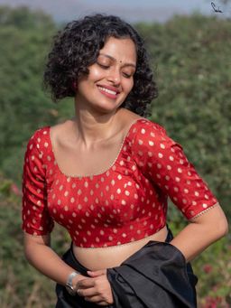 Suta - Women Red Woven Design Brocade Stitched Blouse