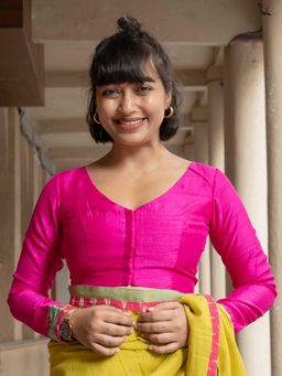 Suta - Women Fuchsia Pink Solid Art Silk Stitched Blouse