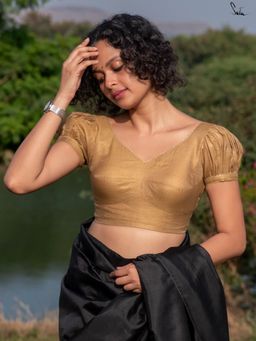 Suta - Women Gold Solid Puff Sleeves Chanderi Stitched Blouse