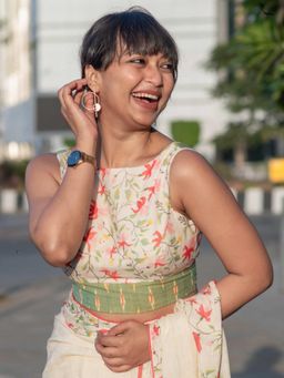 Suta - Women Off White Floral Printed Cotton Boat-Neck Stitched Blouse