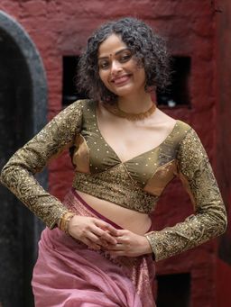 Suta - Women Olive Embroidered Sequined Stitched Blouse