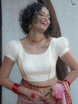 Suta - Women Off White Embellished Round Neck Stitched Blouse