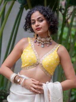 Suta - Women Yellow Printed Lace Work Stitched Blouse