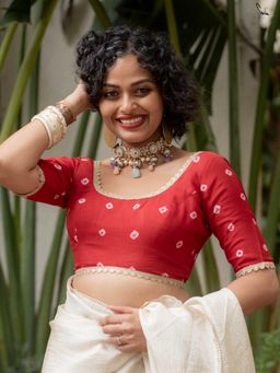 Suta - Women Red Cotton Printed Lace Work Stitched Blouse