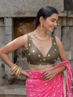 Suta - Women Olive Cotton Printed Lace Work Stitched Blouse