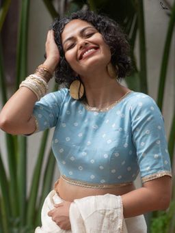 Suta - Women Blue Cotton Printed Lace Work Stitched Blouse