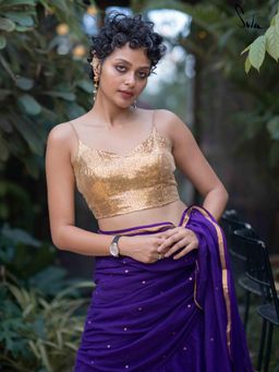 Suta - Women Gold Polyester Sequined Stitched Blouse