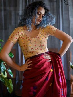 Suta - Women Beige Floral Printed Round Neck Cotton Stitched Blouse