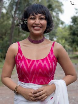 Suta - Women Pink Ikat Printed Sleeveless Silk Stitched Blouse