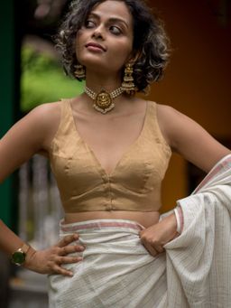 Suta - Women Gold Handloom Sleeveless Stitched Blouse