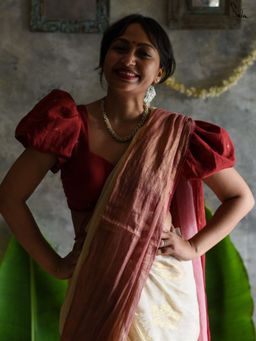 Suta - Women Maroon Woven Puff Sleeves Cotton Stitched Blouse