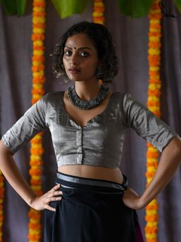 Suta - Women Grey Sweetheart Neck Cotton Stitched Blouse