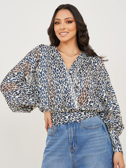 Styli - Animal Print Elasticated Hem Sheer Blouse