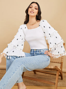 Styli - Embroidered Square Neck Tiered Sleeves Top